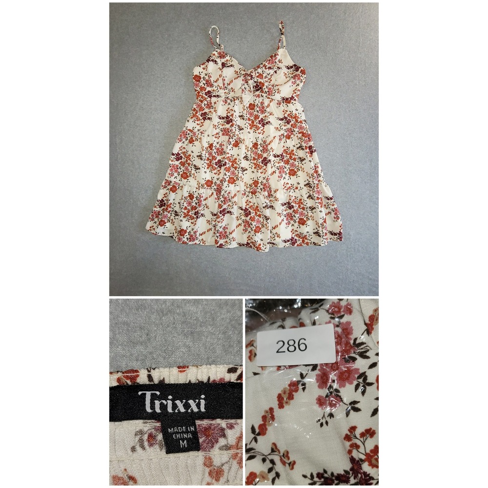 Trixxi Womens Floral Tiered Mini Dress Ivory Red Orange‎ Smocked Back Size M